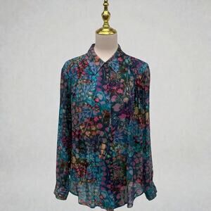 Peruvian Connection Blouse Shirt Sz M Blue Floral Abstract Viscose Boho Artsy